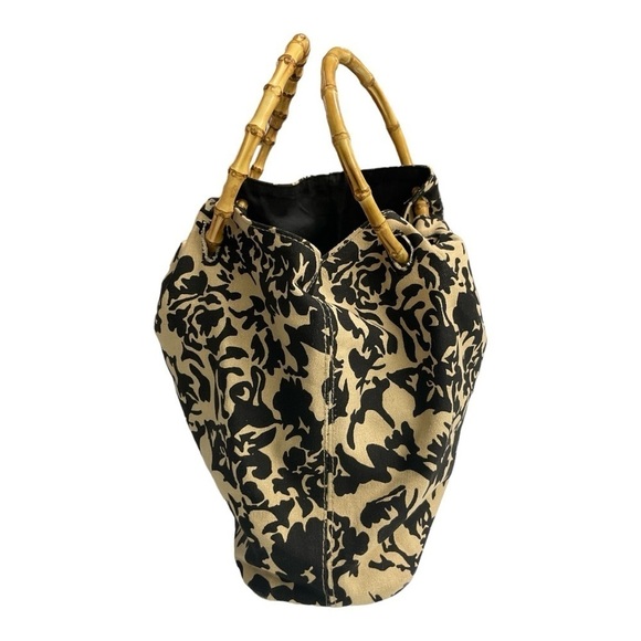 Vintage Black & Tan Tropical Print Purse with Bamboo Handles Hand Bag - Picture 2 of 9